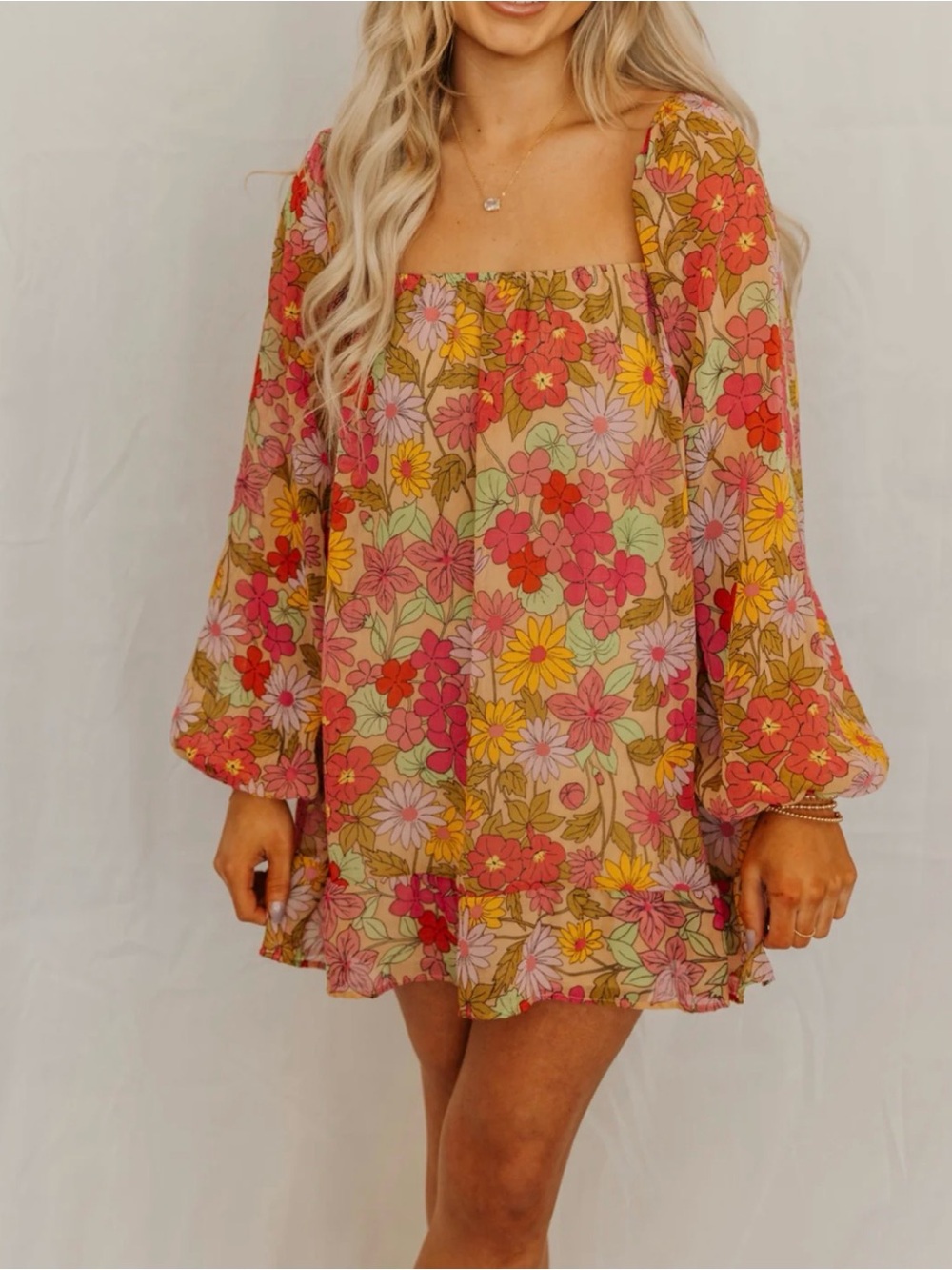 Floral Square-Neck Mini Dress in Multi-color pink, yellow and green